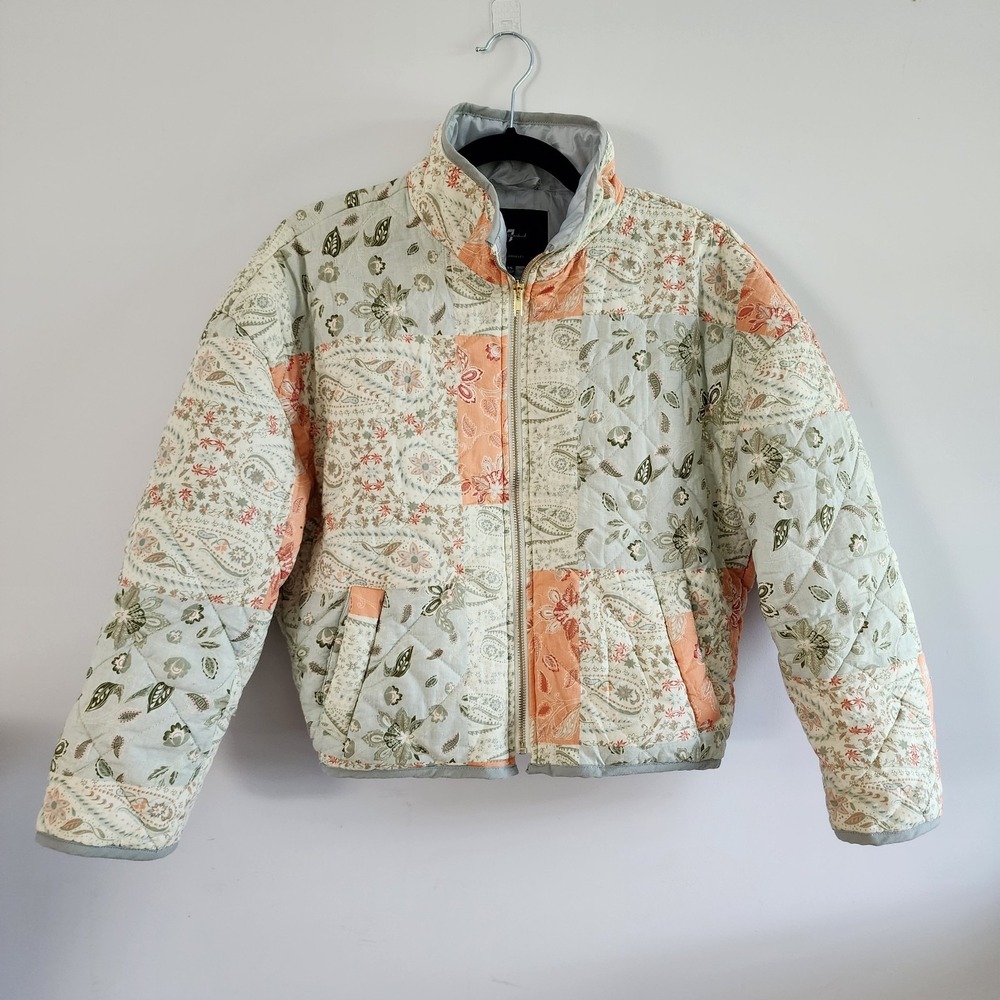 7 For All Mankind Quilted Crop Puffer Jacket Womens XS Patchwork Cottagecore